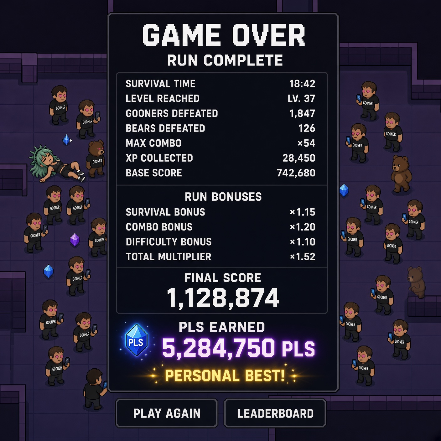 Libertits Arcade Game Over screen showing final run results and PLS earned