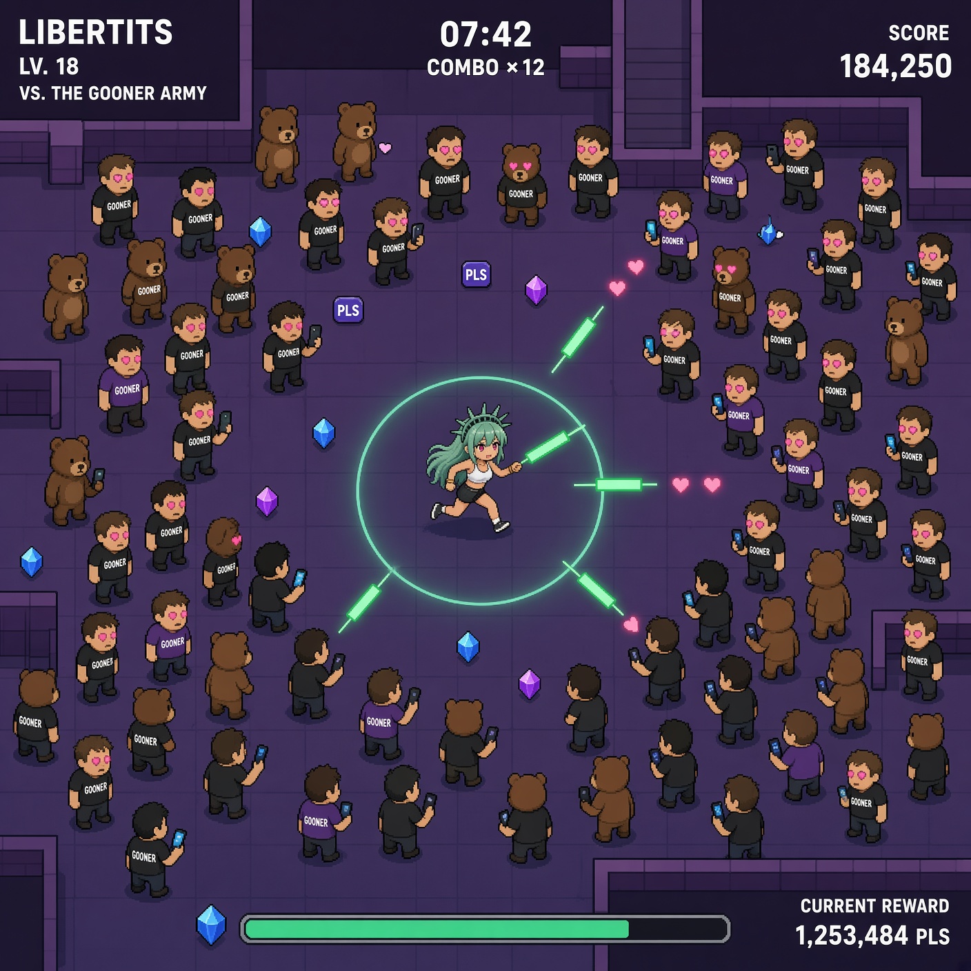 Libertits fighting a surrounding horde in the main arcade gameplay concept